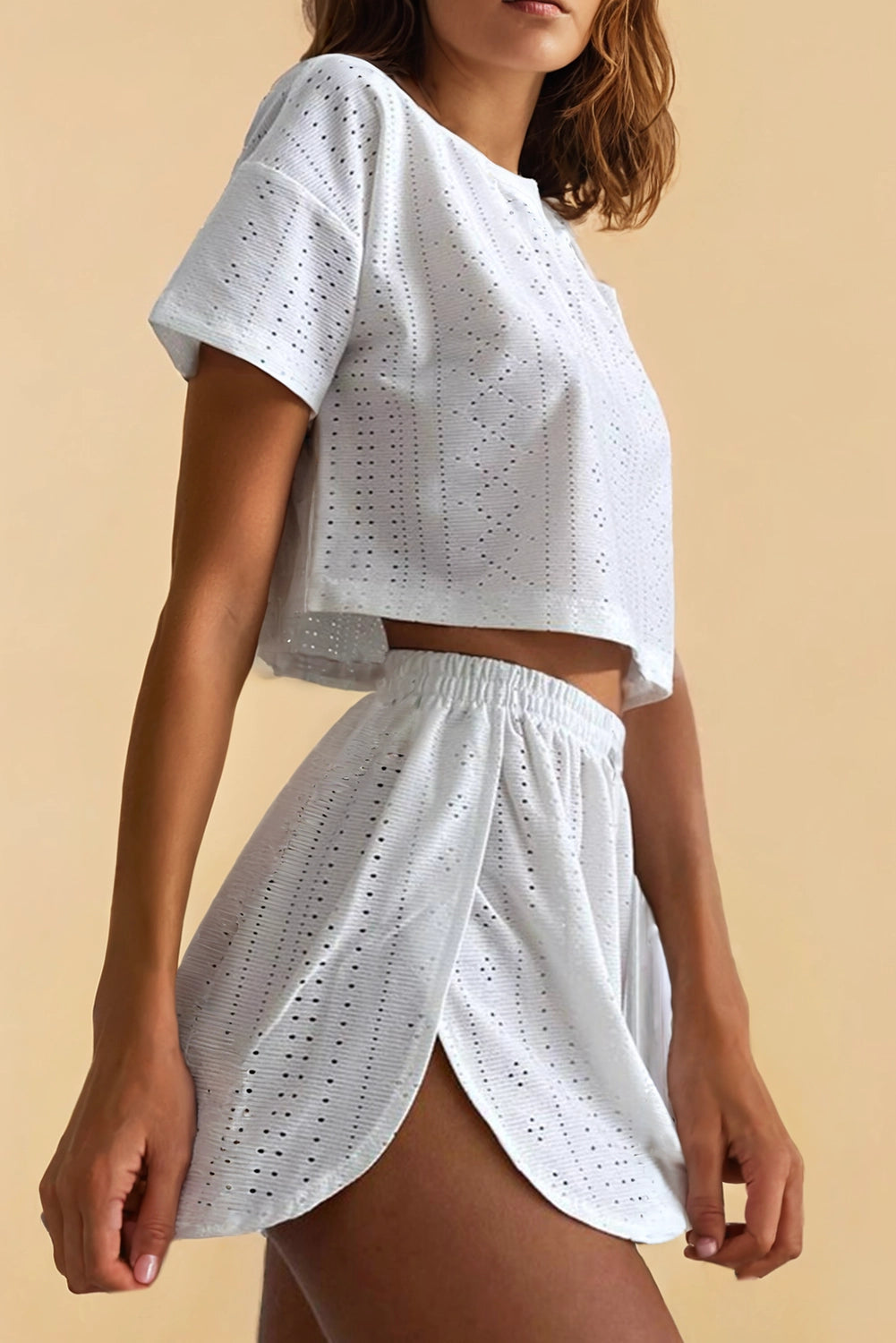 Athletic Eyelet Cropped Tee Wrapped Shorts Set