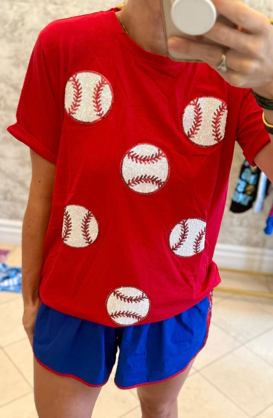 Red patch baseball sequin tee IN STOCK