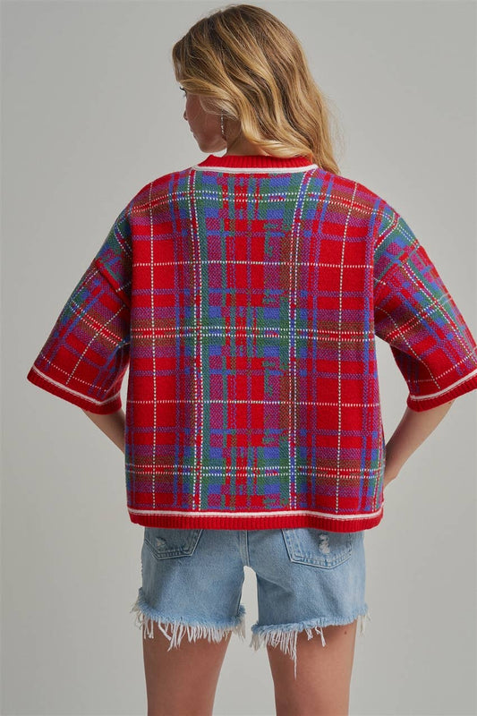 HOLIDAY CHRISTMAS PLAID DROP SHOULDER SWEATER - IN STOCK