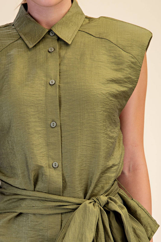 Waist Belt Tie Button Down Sleeveless Shirt IN STOCK