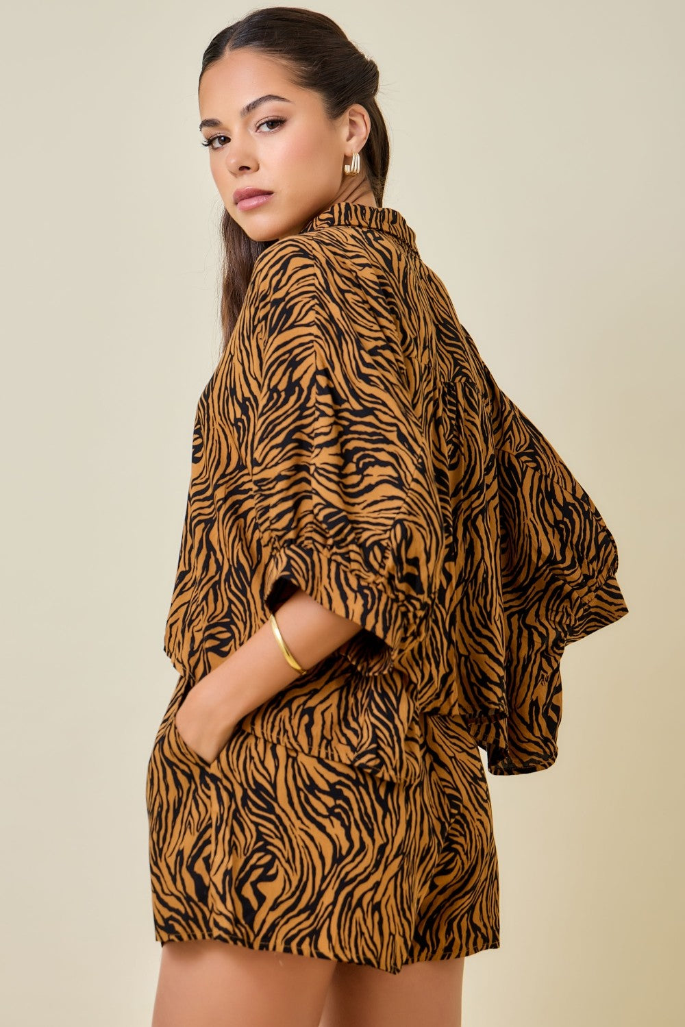 Tiger Print Boxy Cropped Shirt W/ Matching Shorts Set IN STOCK