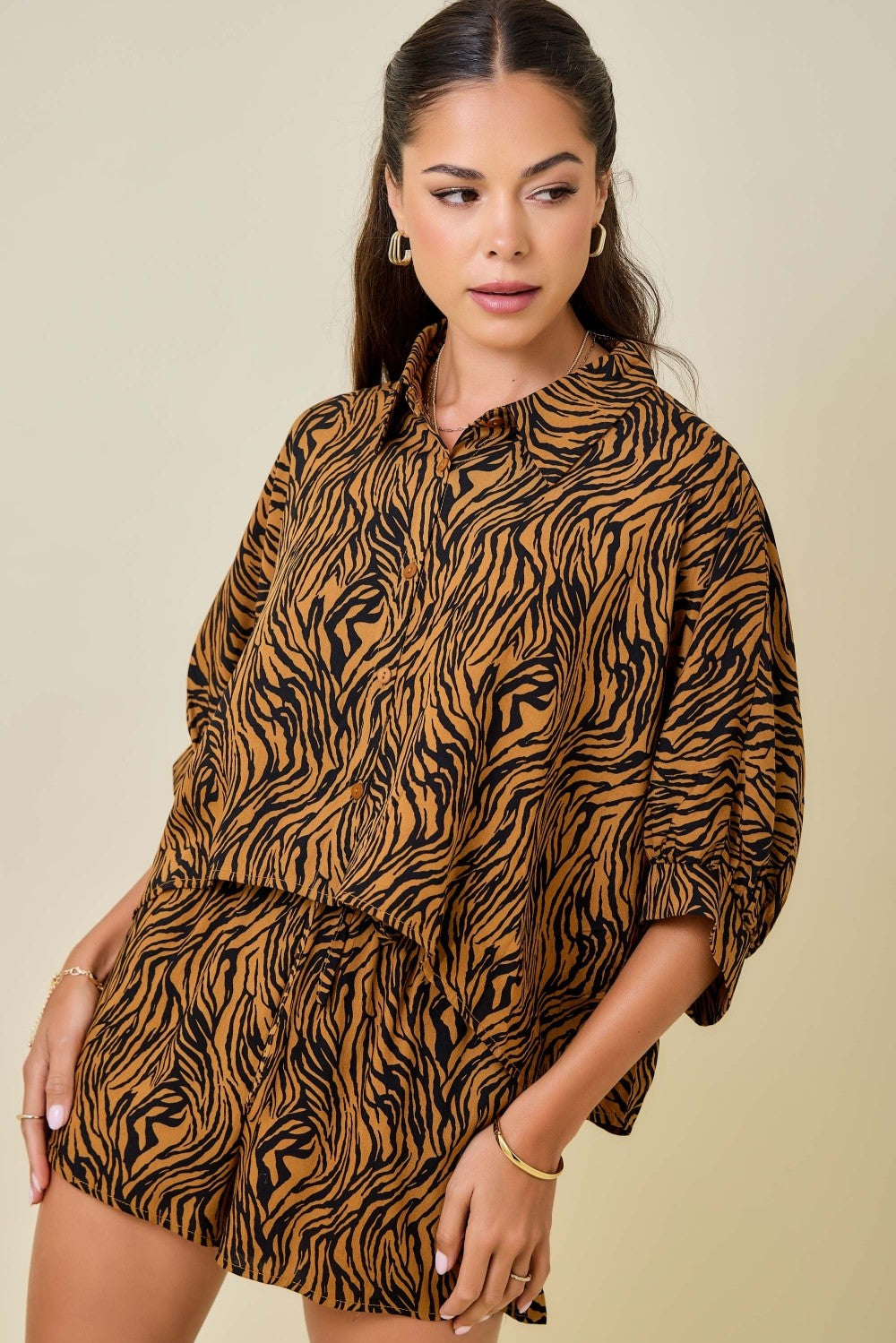 Tiger Print Boxy Cropped Shirt W/ Matching Shorts Set IN STOCK