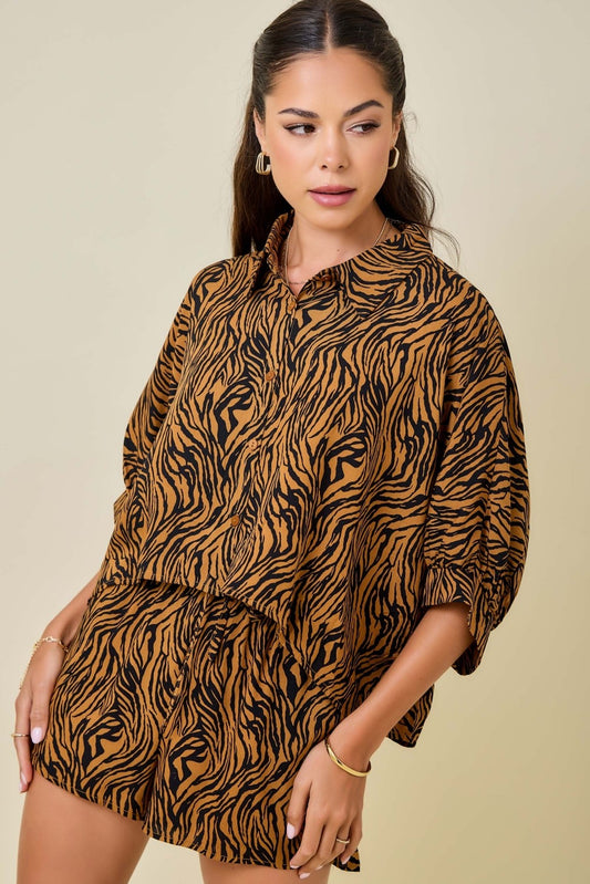 Tiger Print Boxy Cropped Shirt W/ Matching Shorts Set IN STOCK