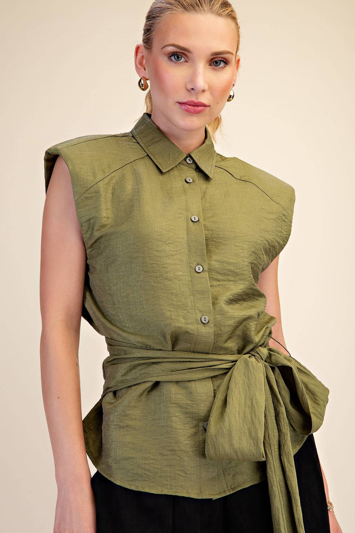 Waist Belt Tie Button Down Sleeveless Shirt IN STOCK