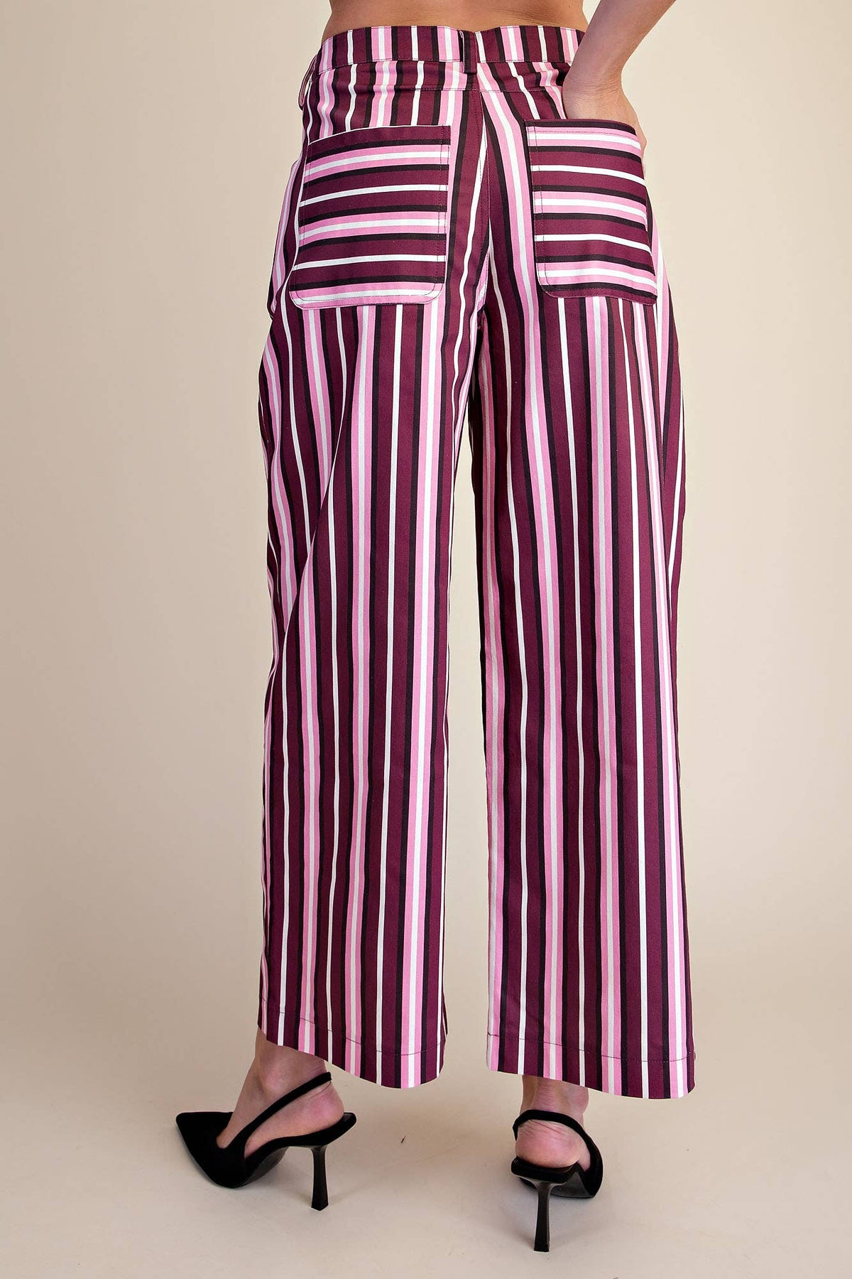 Barrel Leg Stripe Casual High Waist Pants Burgundy/Pink - IN STOCK