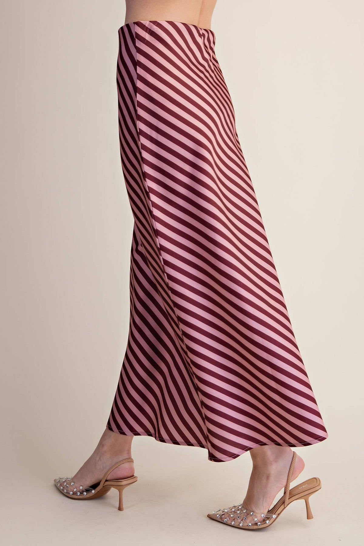 Stripe Satin Midi Skirt With Elastic Waist Band - IN STOCK