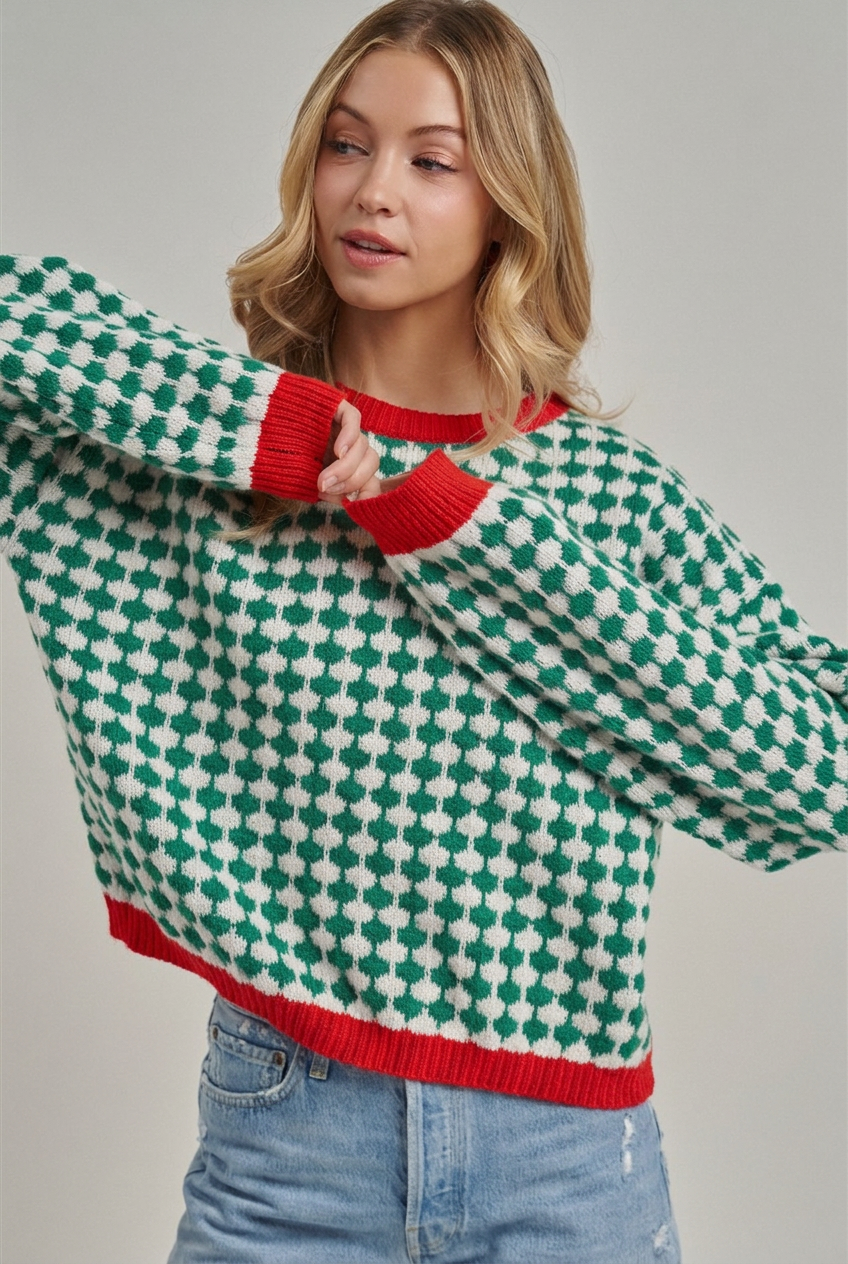 HOLIDAY CHRISTMAS GEOMETRIC TEXTURED SWEATER TOP - IN STOCK