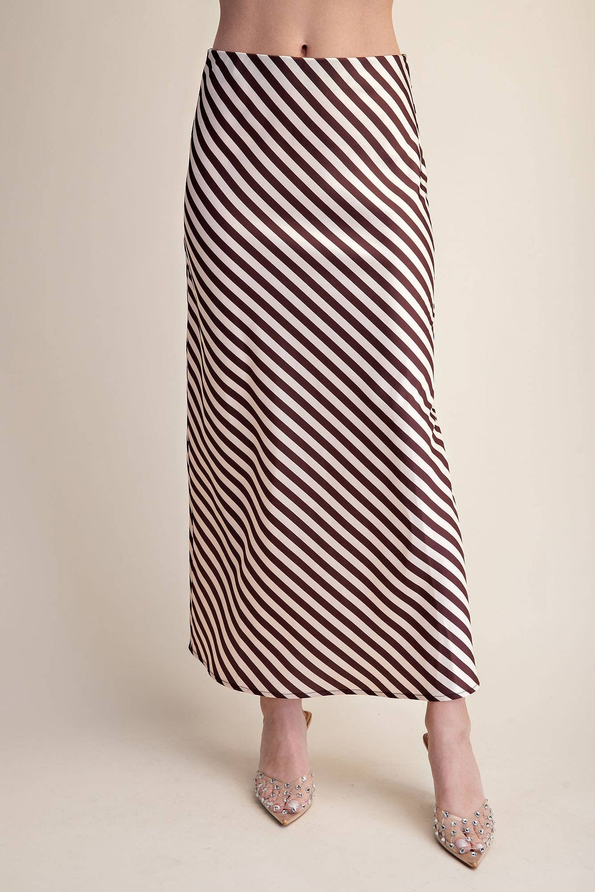 Stripe Satin Midi Skirt With Elastic Waist Band - IN STOCK