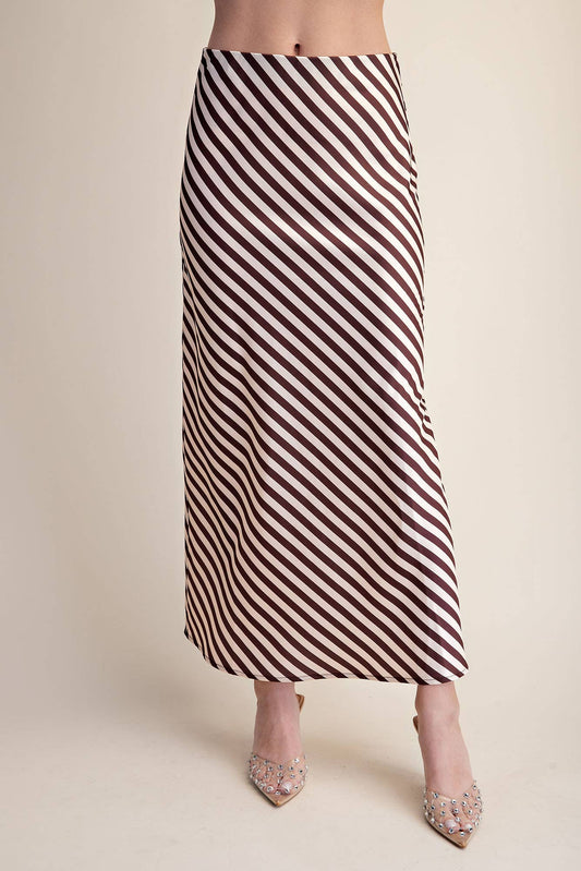 Stripe Satin Midi Skirt With Elastic Waist Band - IN STOCK