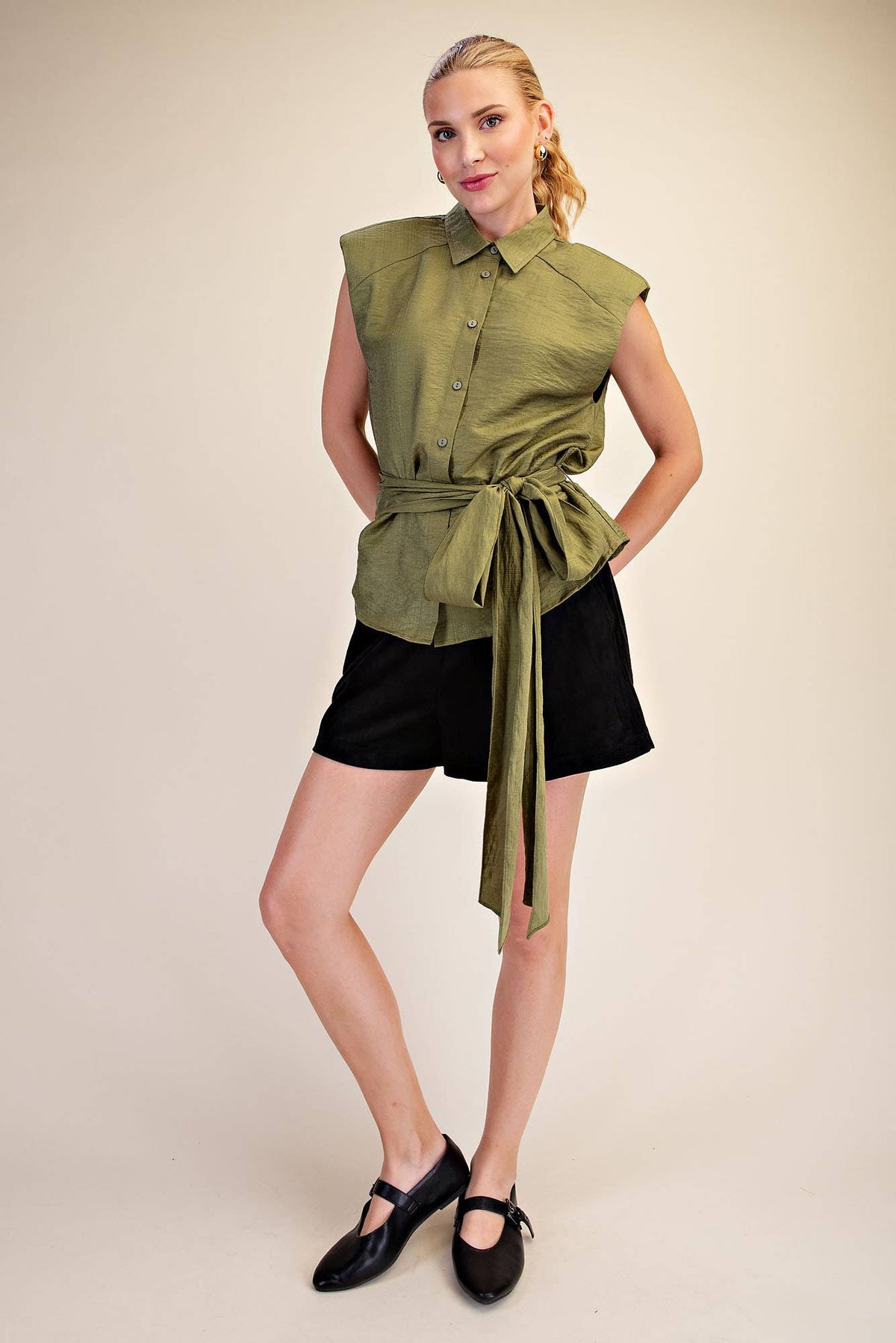 Waist Belt Tie Button Down Sleeveless Shirt IN STOCK