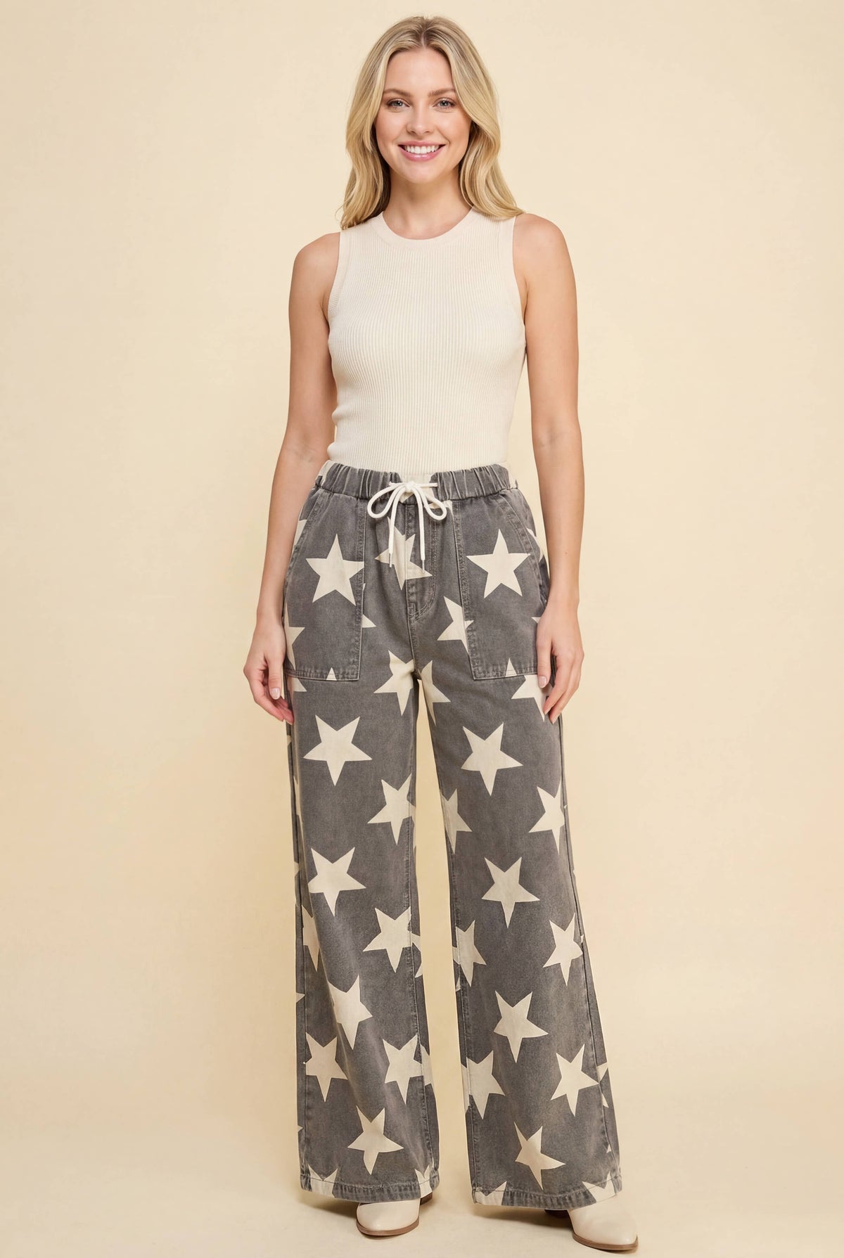 Star Print Drawstring Wide Leg Denim Pants - IN STOCK