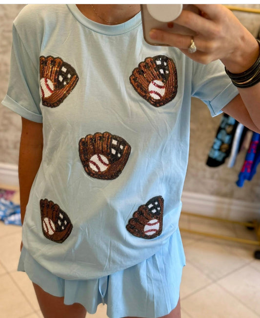 Blue glove patch sequin tee IN STOCK