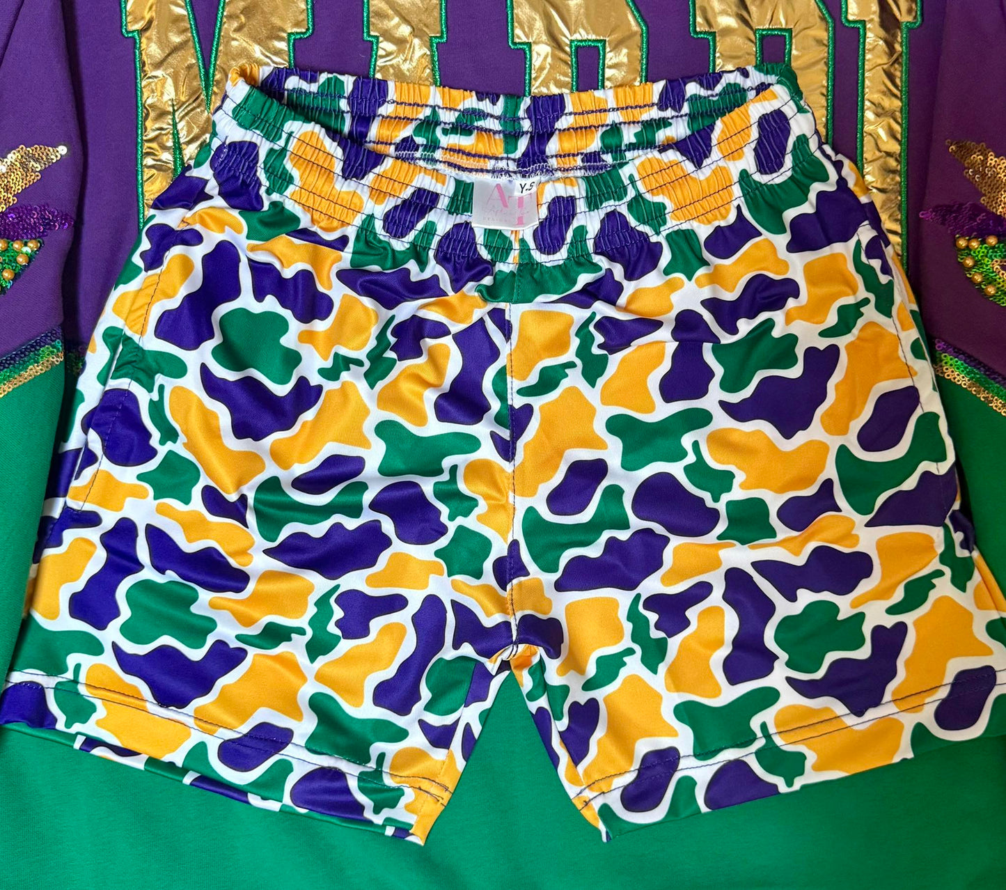 Mardi Gras Camo Shorts -IN STOCK