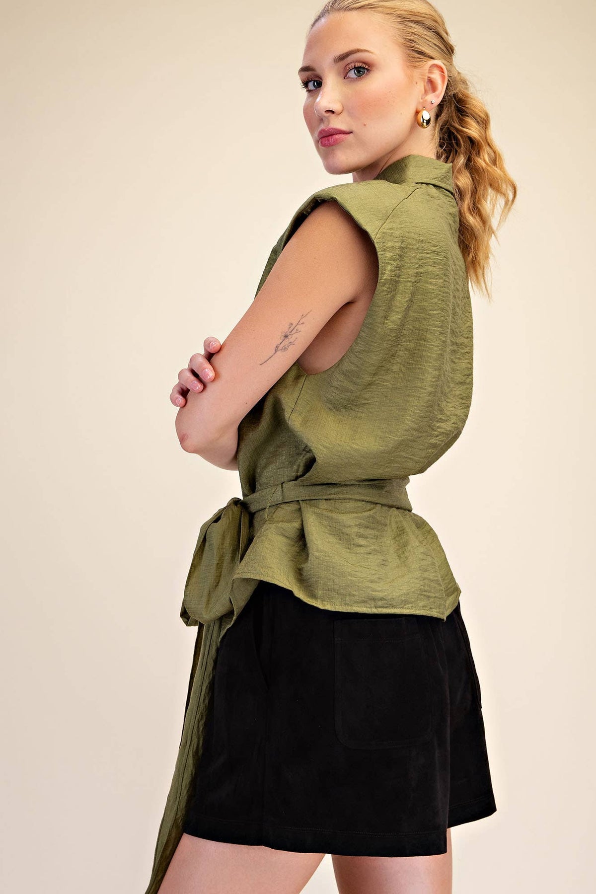 Waist Belt Tie Button Down Sleeveless Shirt IN STOCK