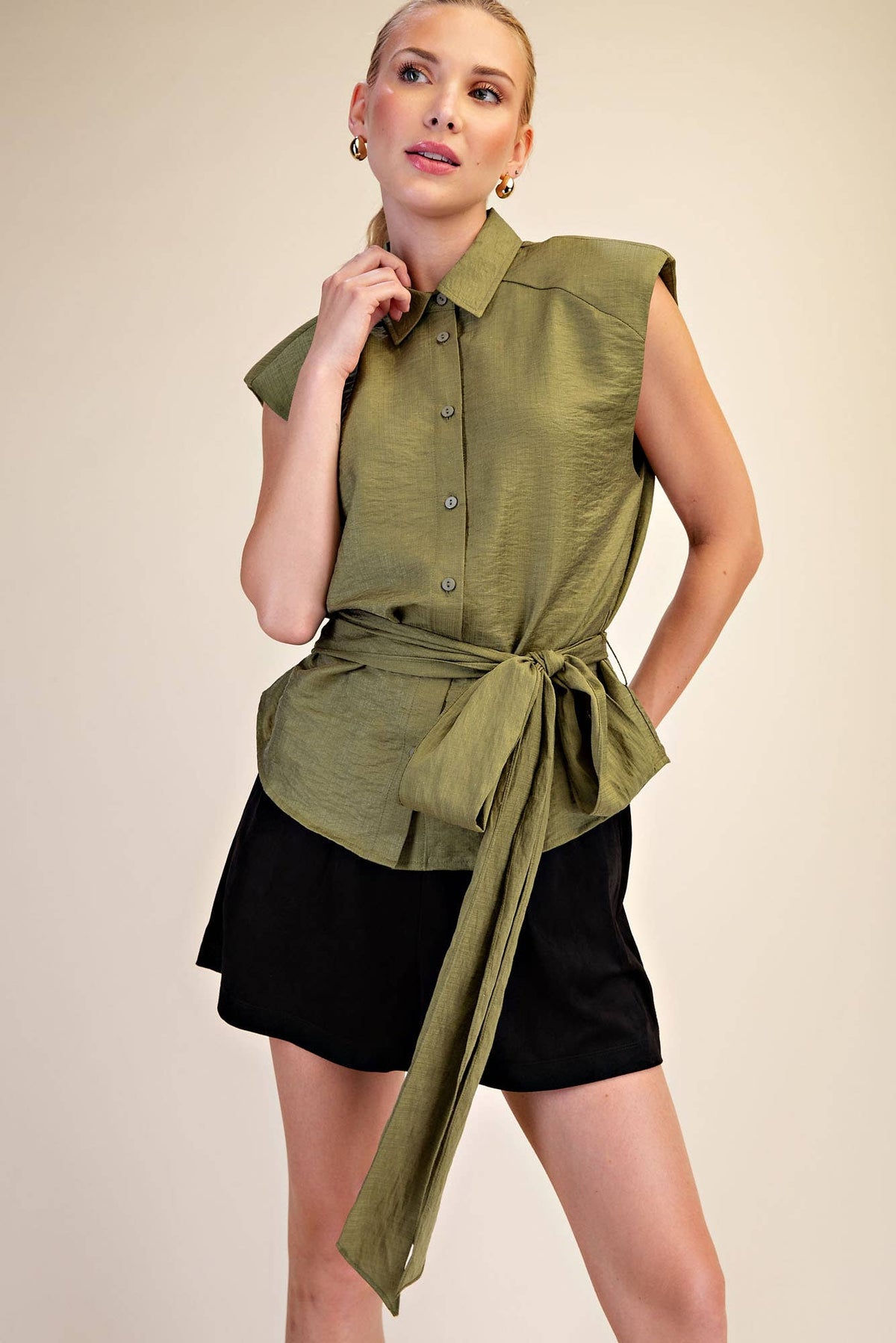 Waist Belt Tie Button Down Sleeveless Shirt IN STOCK
