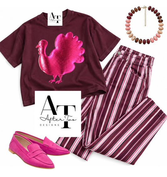 Barrel Leg Stripe Casual High Waist Pants Burgundy/Pink - IN STOCK