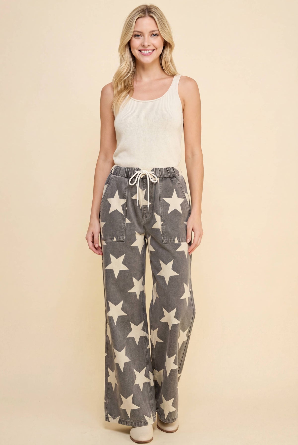 Star Print Drawstring Wide Leg Denim Pants - IN STOCK