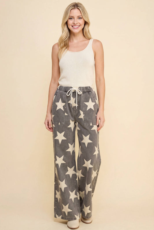 Star Print Drawstring Wide Leg Denim Pants - IN STOCK