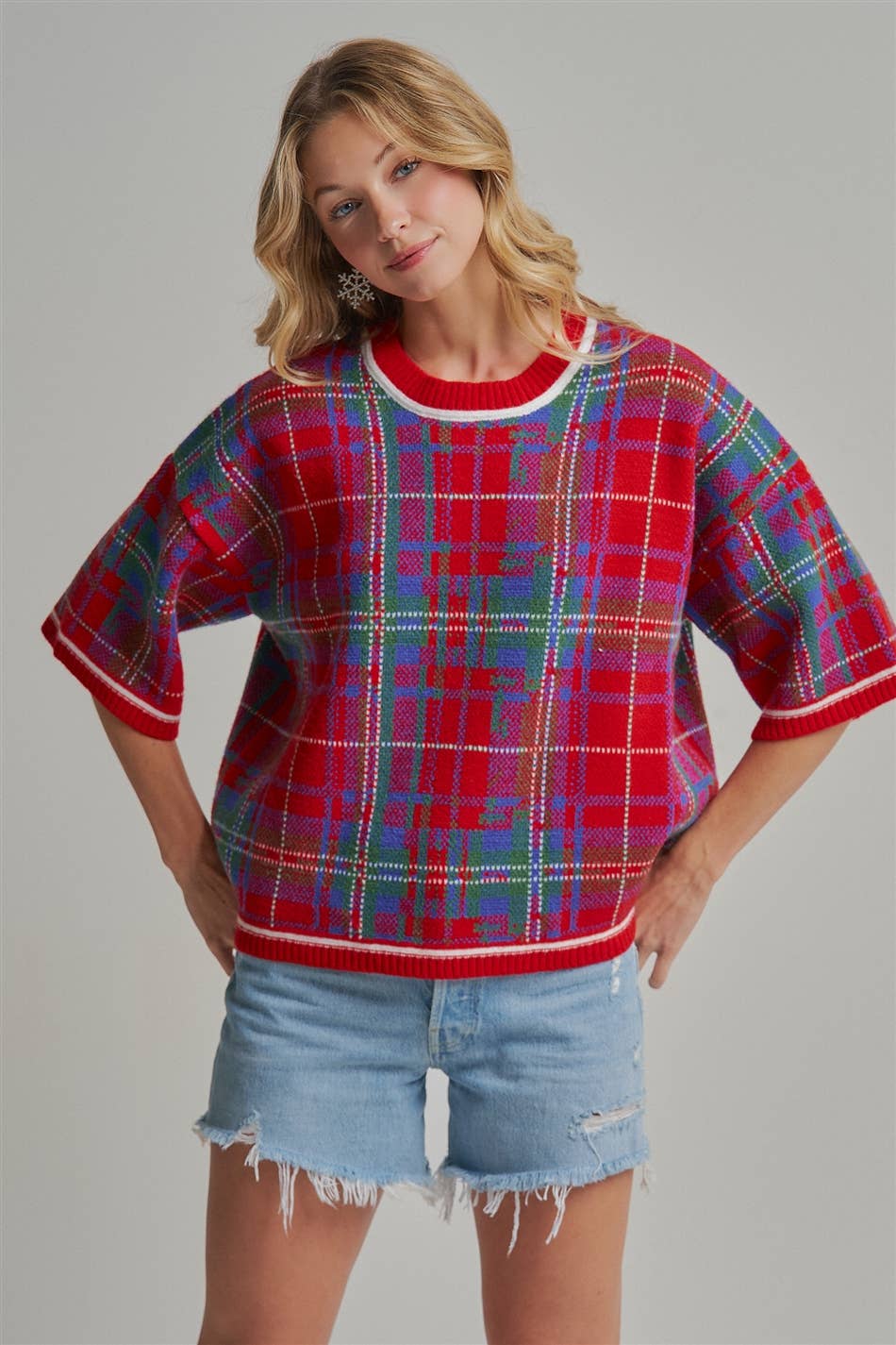 HOLIDAY CHRISTMAS PLAID DROP SHOULDER SWEATER - IN STOCK