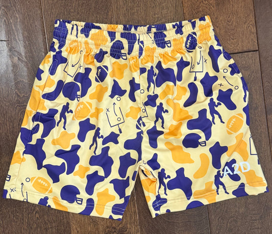 Purple+Gold Football Camo SHORTS  - IN STOCK