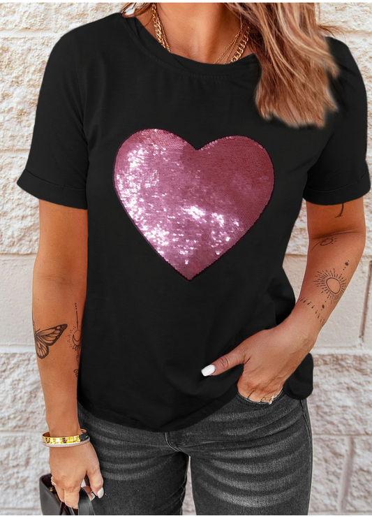 Sequin Patch Heart Short Sleeve Tee - IN STOCK