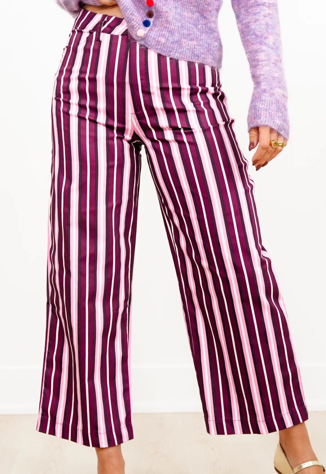 Barrel Leg Stripe Casual High Waist Pants Burgundy/Pink - IN STOCK
