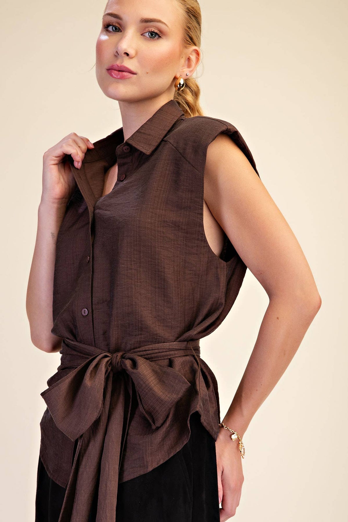 Waist Belt Tie Button Down Sleeveless Shirt IN STOCK