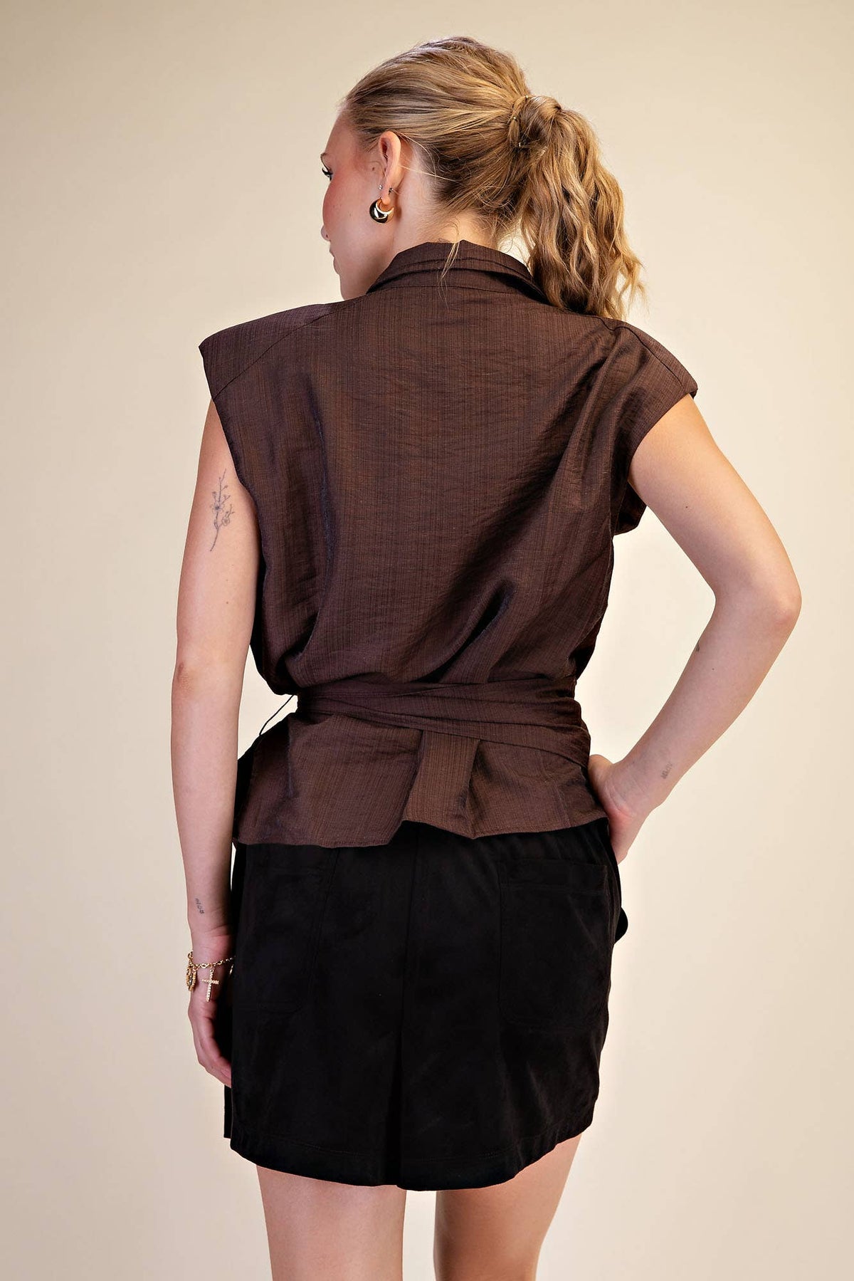 Waist Belt Tie Button Down Sleeveless Shirt IN STOCK