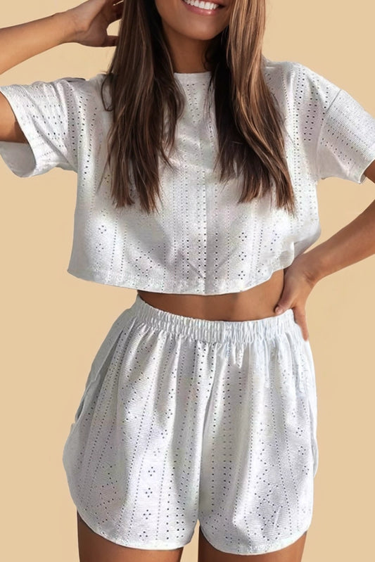 Athletic Eyelet Cropped Tee Wrapped Shorts Set