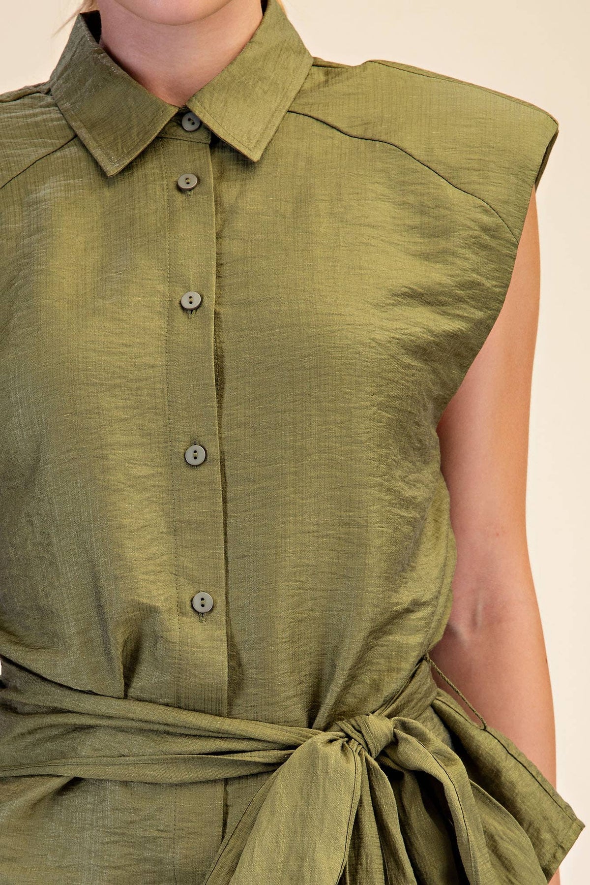 Waist Belt Tie Button Down Sleeveless Shirt IN STOCK