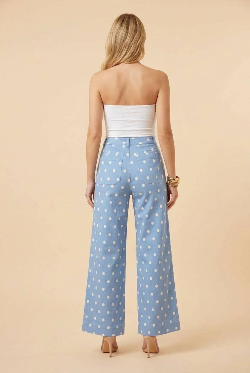 Light Blue Polka Dot Wide Leg Casual Pants IN STOCK