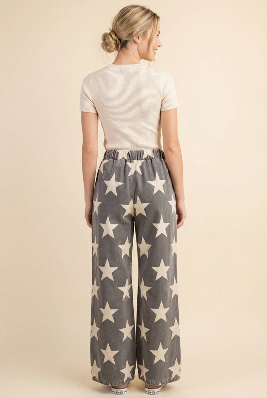 Star Print Drawstring Wide Leg Denim Pants - IN STOCK