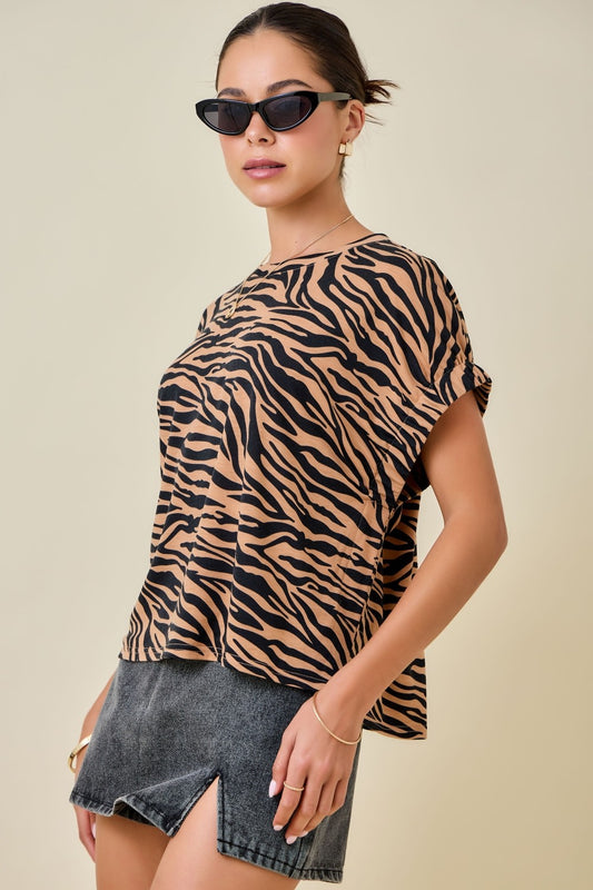 Tigerprint Easy Tshirt Knit Top With Elastic Sleeve - IN STOCK