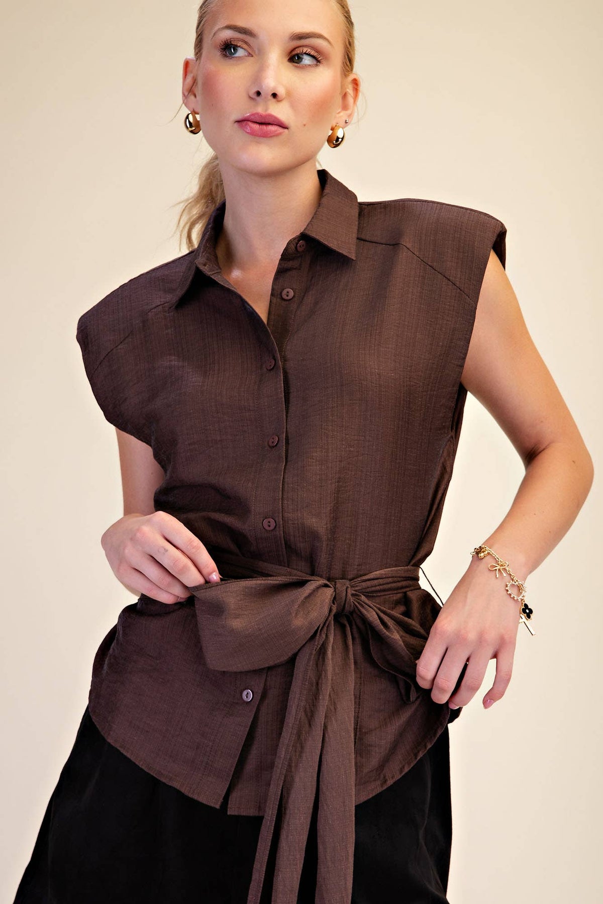 Waist Belt Tie Button Down Sleeveless Shirt IN STOCK