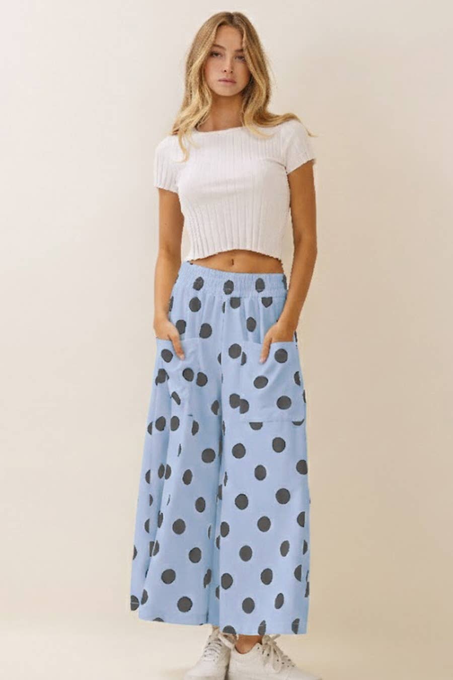 Polka Dot Pull-on Pants Light Blue+Navy - IN STOCK