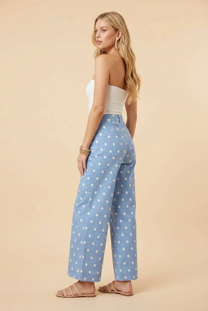 Light Blue Polka Dot Wide Leg Casual Pants IN STOCK