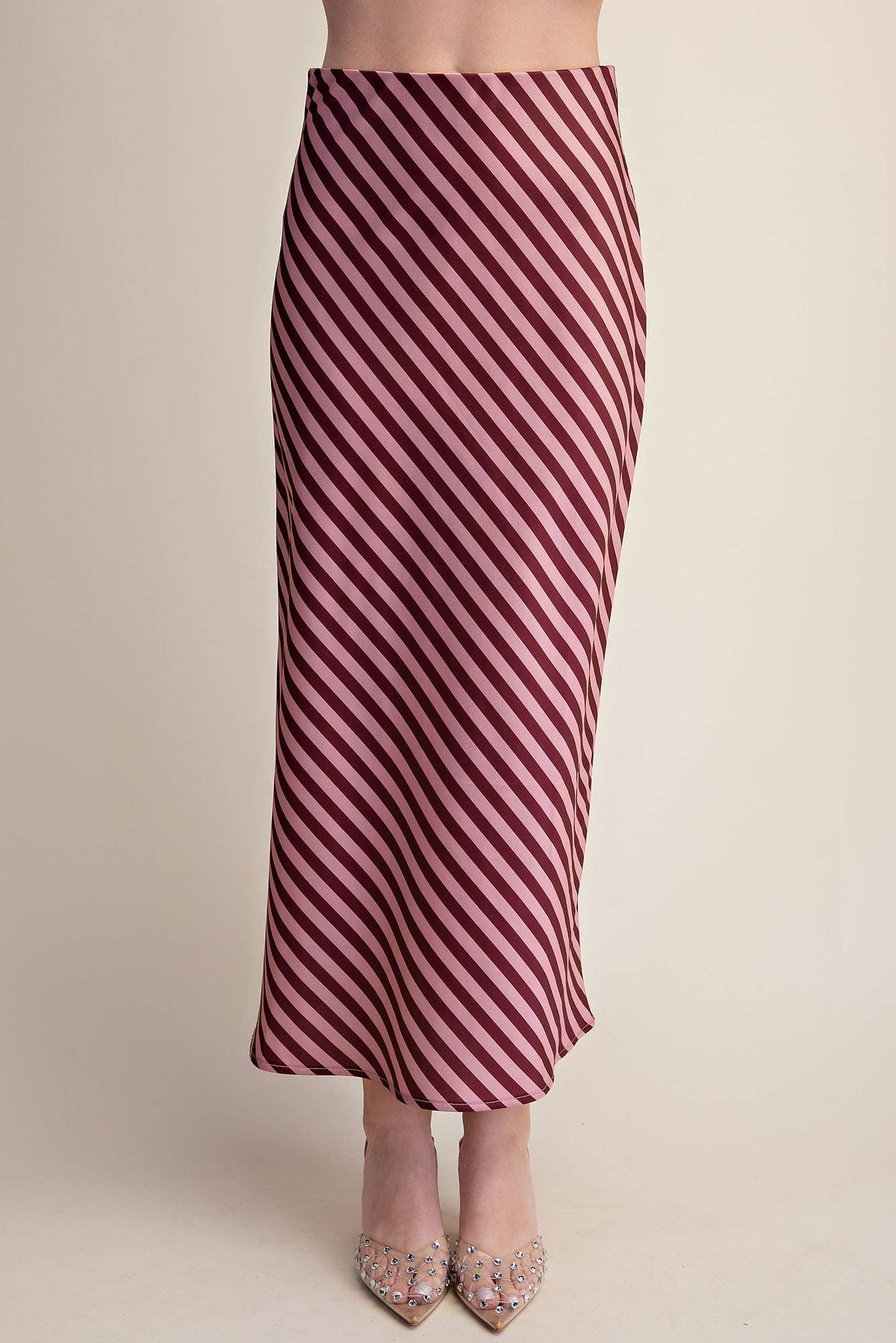 Stripe Satin Midi Skirt With Elastic Waist Band - IN STOCK
